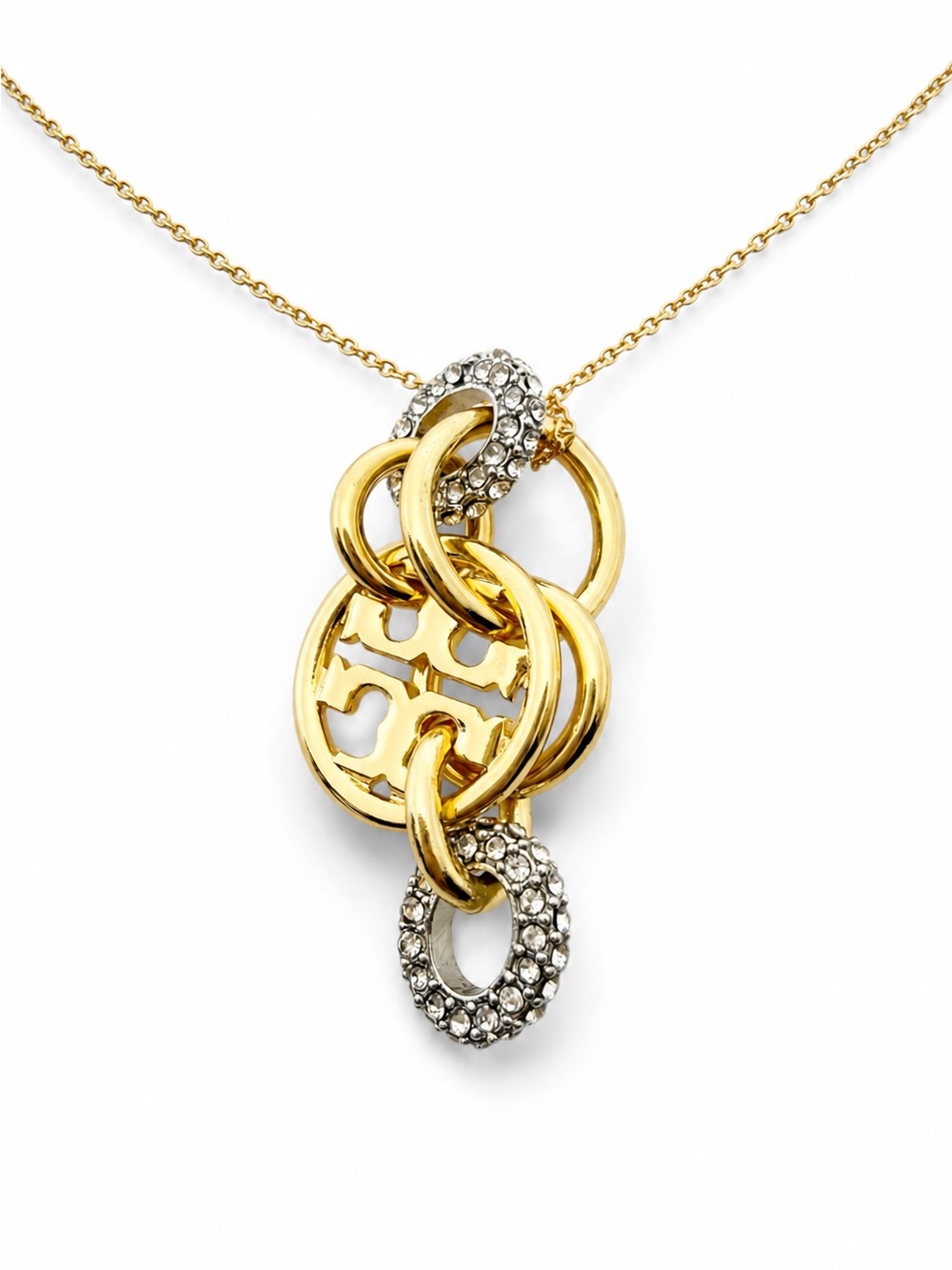 Tory Burch Miller Pavé Interlocking Pendant  Gold Tone Crystal Logo necklace.